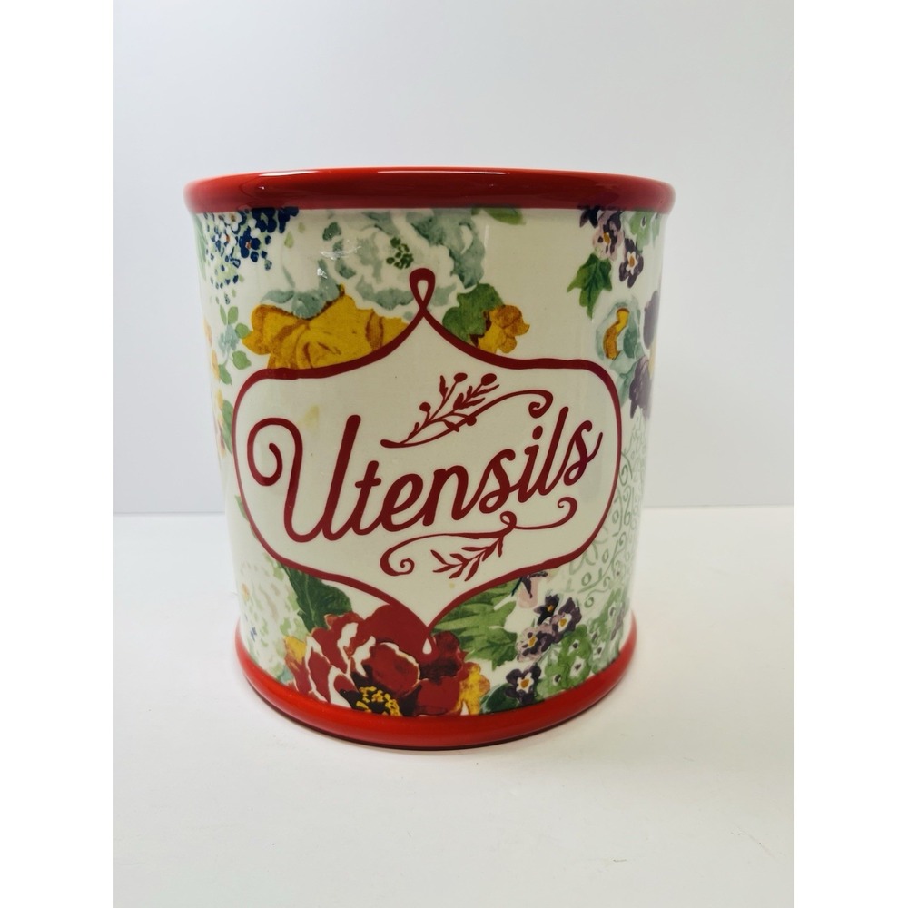 The Pioneer Woman Country Garden Stoneware Utensil Holder Large 7 inch Red Trim